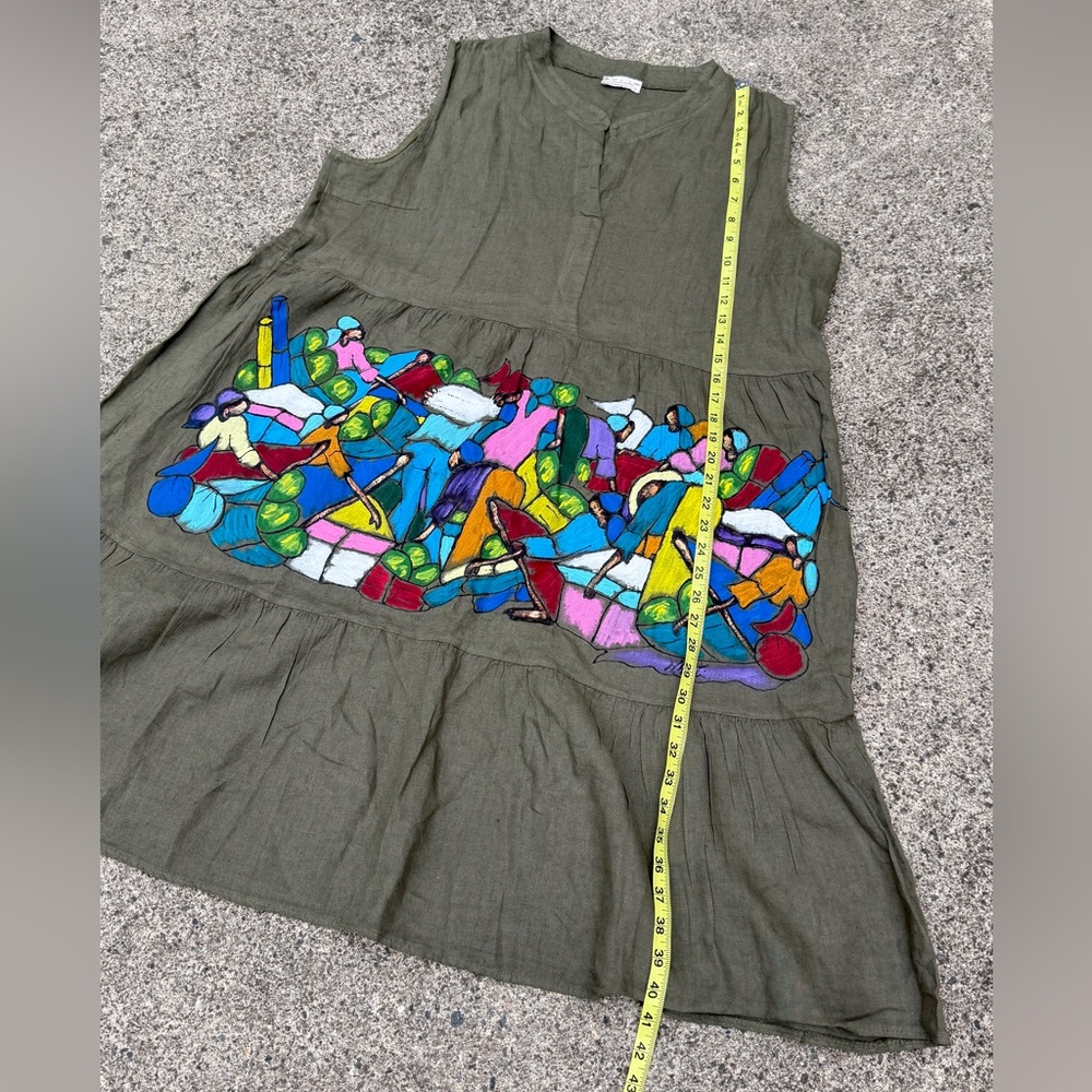 Bellambra Olive Green Linen Dress – Hand-Painted Art Panel – Size XL - Picture 9 of 10
